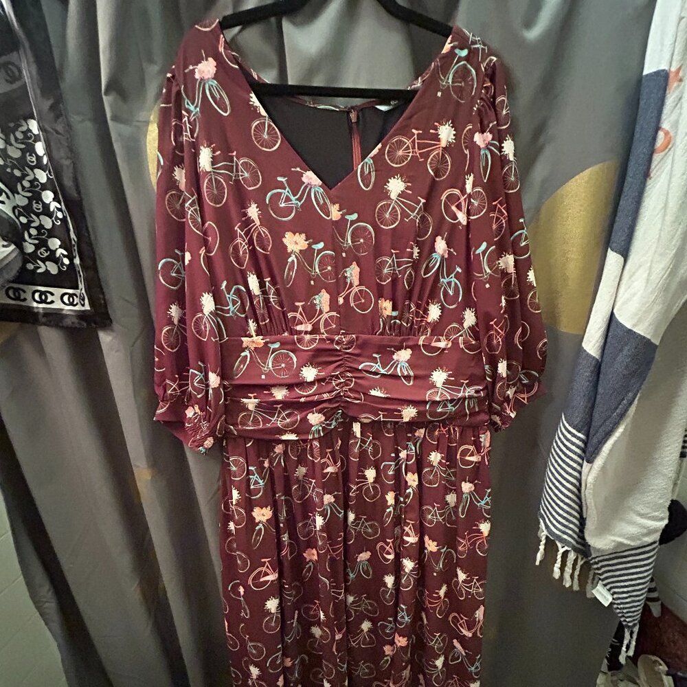 eshakti PLUS Bicycle Print Brown Prairie Dress 3X Lined Super Cute Maxi Pockets